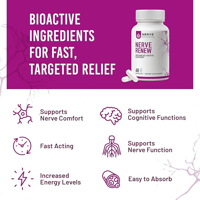 NERVE RENEW Advanced Nerve Support Supplement - 300mg Stabilized R-Alpha Lipoic Acid Vitamin B Complex Benfotiamine Herbs for Fast-Acting Support - 60 ct