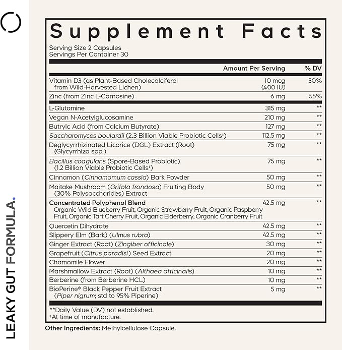 Codeage Leaky Gut Supplement L-Glutamine N-Acetylglucosamine Probiotic Butyric Acid Polyphenols Quercetin DGL Marshmallow Root Berberine BioPerine Cinnamon Vegan Non-GMO 60 Capsules