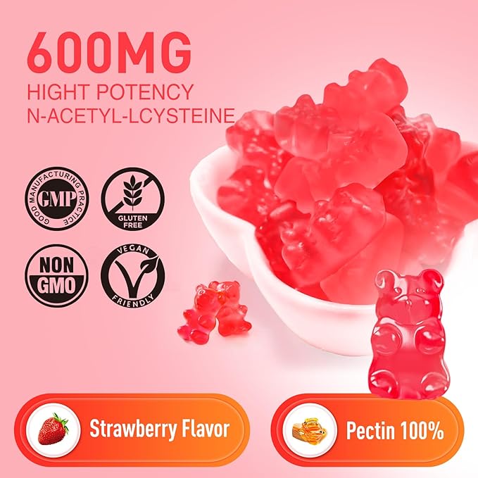 NAC Gummies 600mg N Acetyl Cysteine Supplement NAC Chewable for Antioxidants &amp Immune Support Lung &amp Liver Health Natural Strawberry Flavor 60ct