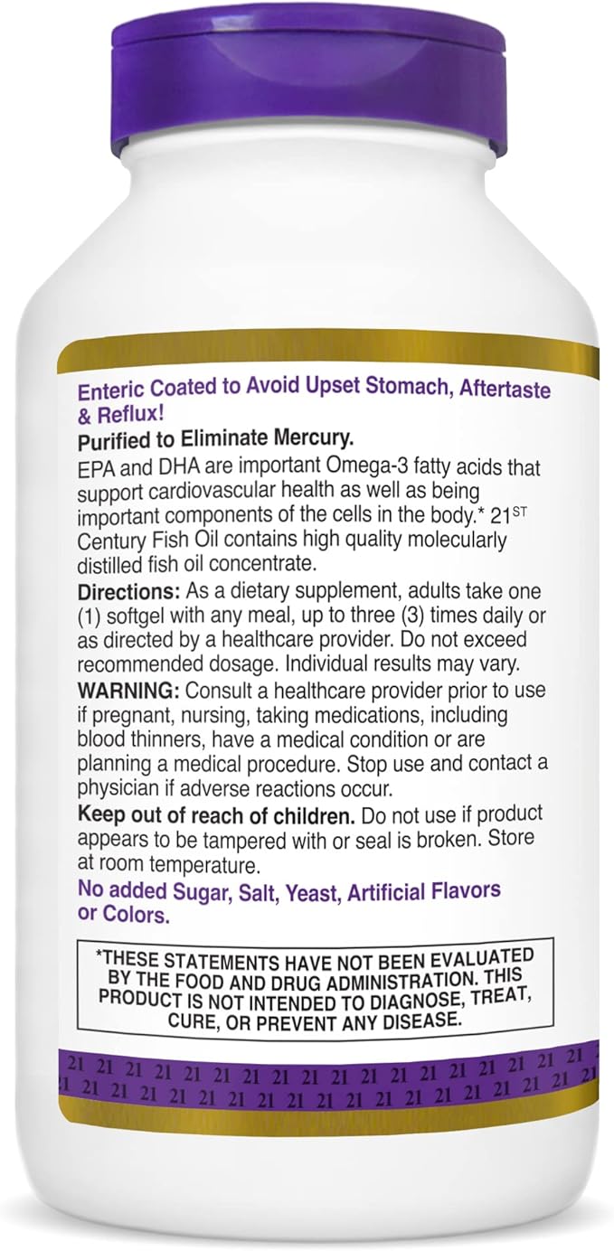 21st Century Fish Oil 1000 Mg Enteric Coated Softgels 180Count
