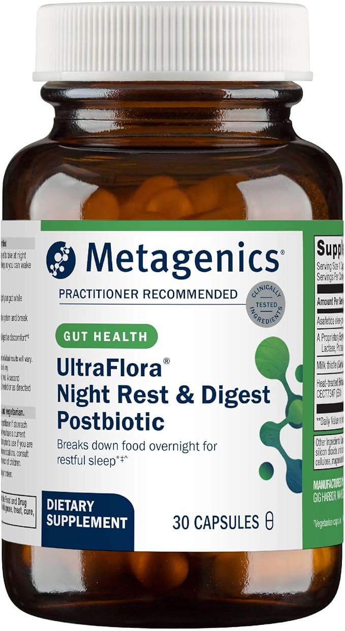 Metagenics UltraFlora Night Rest &amp Digest - Nightly Postbiotic and Probiotic for Overnight Digestive Function and Restful Sleep Support - 8-Hour Gut Reset Formula - 30 Capsules