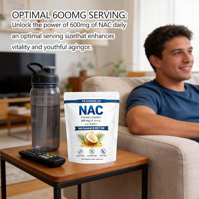 The Standard LAB NAC Supplement 600mg | N-Acetyl Cysteine with NAD+ &amp Coconut Oil | Nicotinamide Complex | Non-GMO | 300 Count