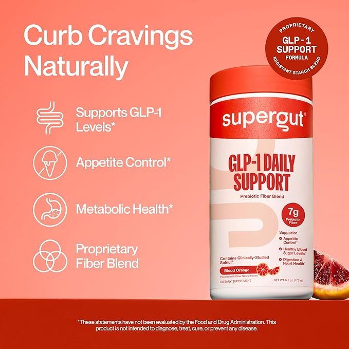 Supergut GLP1 Daily Support Blood Orange - High Fiber GLP-1 Supplement Powder for Women &amp Men - Sugar-Free Drink Mix for Gut Health &amp Digestive Support (18 Servings)
