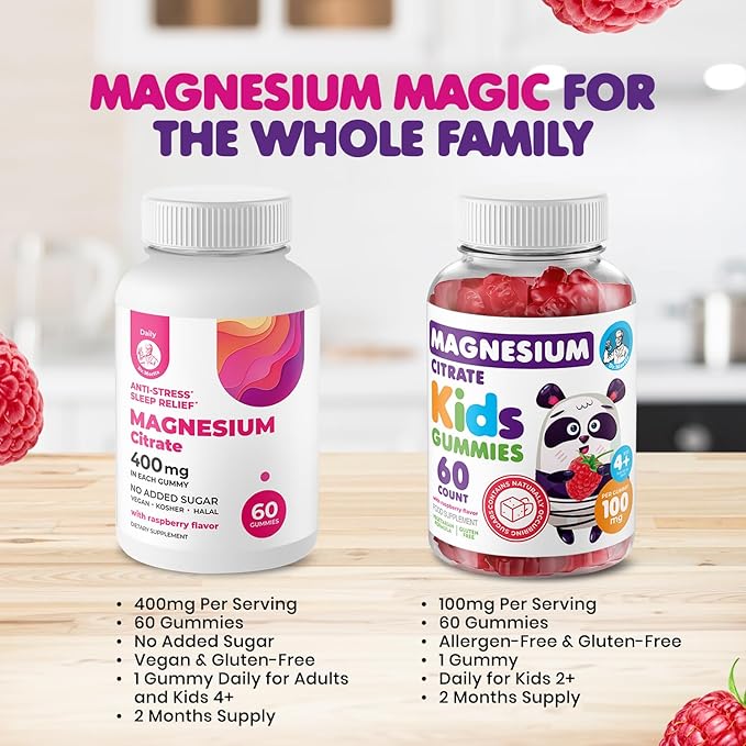 DR. MORITZ Calm Magnesium Gummies for Adults (400mg 60 Count) and Kids Magnesium Gummies (60 Count) - for Relaxation Support - Sugar-Free &amp Non-GMO - Raspberry Flavor