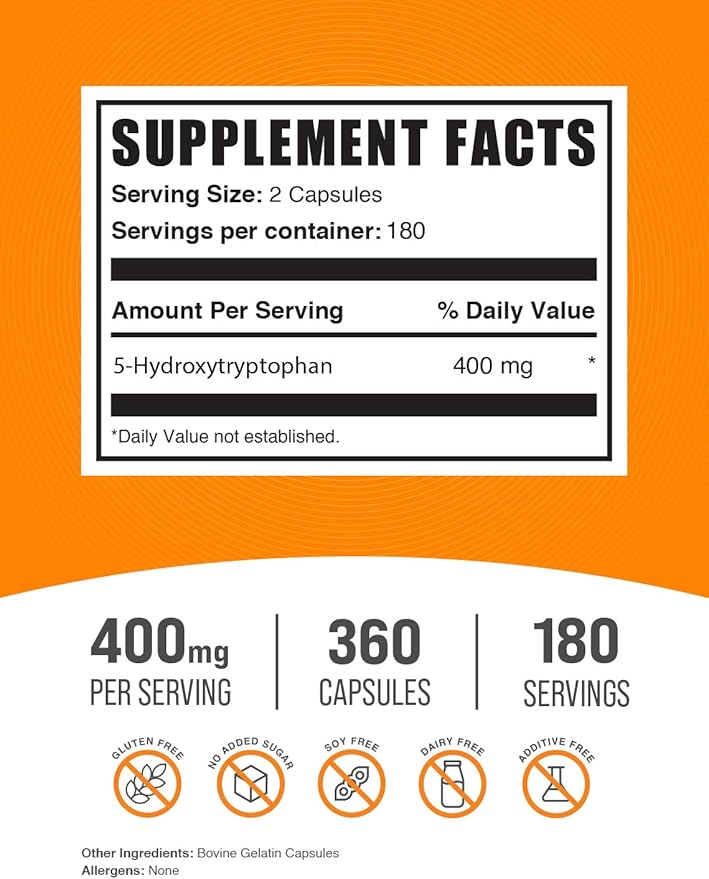 BulkSupplements.com 5-HTP Capsules - 5-Hydroxytryptophan 5 HTP Supplement - 5-HTP 400mg for Overall Well-Being - Gluten Free 2 Capsules per Serving 360 Count (Pack of 1)