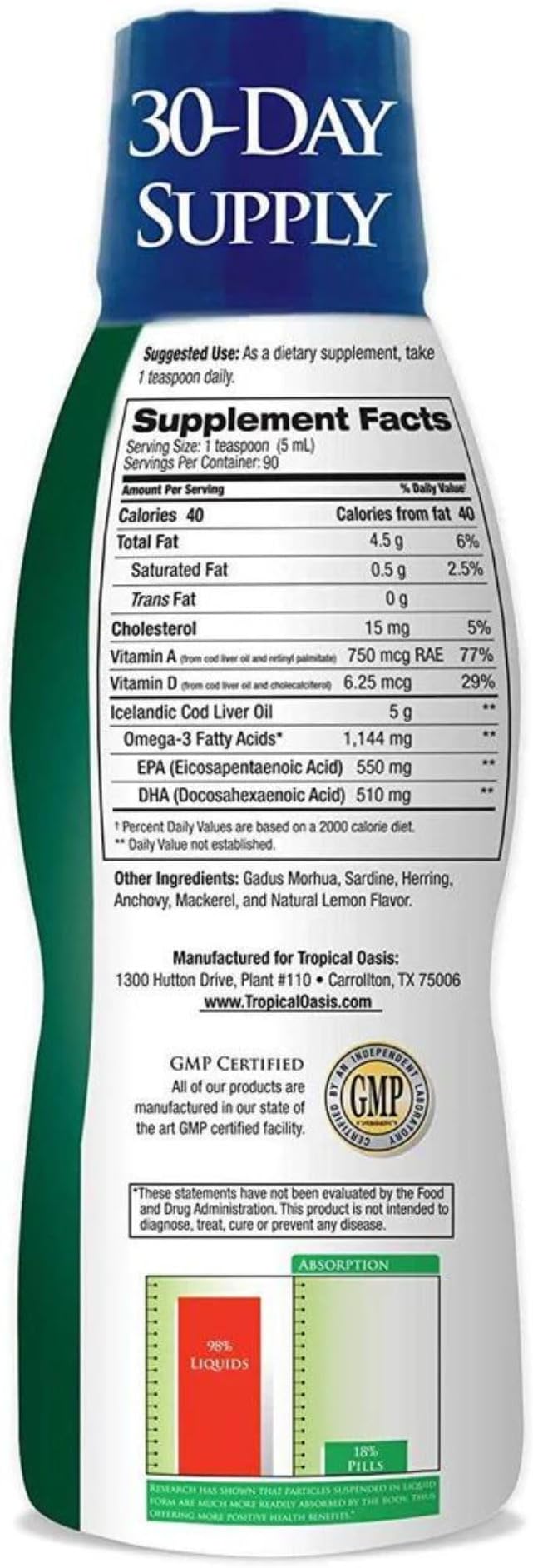 Tropical Oasis - Icelandic Cod Liver Oil | Maximum Strength 1144mg of Liquid Wild-Caught Natural Omega-3 Fish Oil (Lemon Flavor 90 Servings)