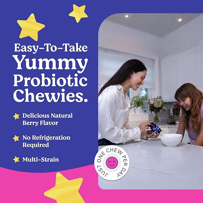 LOVEBUG Probiotics for Kids – Probiotic Chewables with Prebiotic Fiber for Age 4+ Daily Children's Gut Health Constipation Digestive &amp Immune Support Supplement Sugar-Free Berry Flavor 60 ct