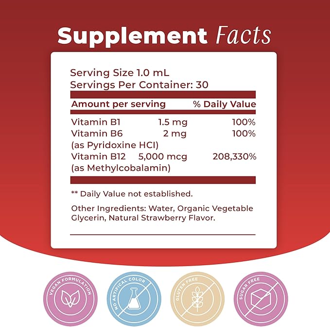 Vitamin B12 Sublingual Liquid Drops (5000 mcg) Plus B1 &amp B6 in Fastest Absorption Way. Best Formula to Support Brain Cells &amp Nerve Tissue Enhance Red Blood Cell Function Increase Energy &amp
