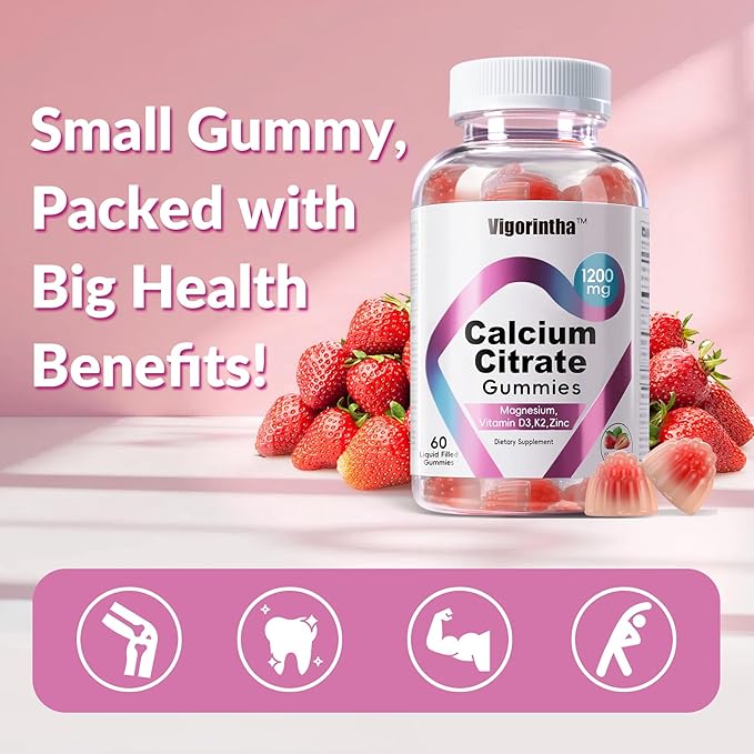 Calcium Citrate Gummies 1200mg with MagnesiumVitamin D3 K2 Calcium Supplements for Women &amp Men- Easy to Digest Vegan Gluten FreeSugar Free- Strawberry Flavor 120 Calcium Gummies