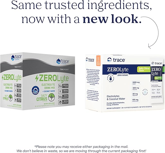 Trace Minerals ZeroLyte Salty Citrus Flavor - Sugar Free Electrolyte Drink Mix - Supports Hydration Energy Stamina - Ancient Sea Salt Full Spectrum Minerals Coconut Water - 30 Packets