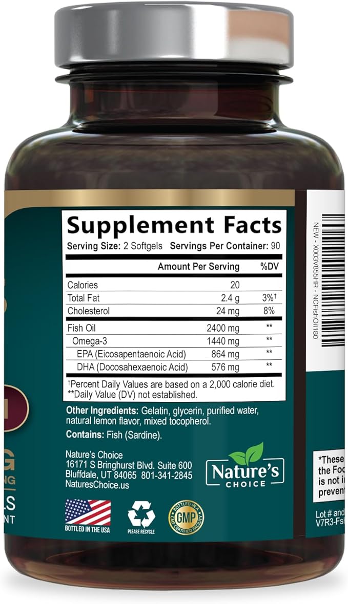 Omega 3 Fish Oil Supplements - 2400mg Fish Oil Per Serving - Triple Strength Omega-3 with Fatty Acids EPA &amp DHA - Natural Heart Brain &amp Immune Support - Wild Caught Bottled in USA - 180 Soft
