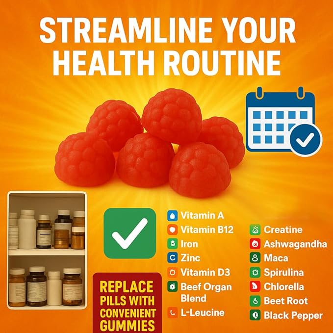 Sugar Free Grass-Fed Beef Organ Supplement Gummies with HMB L-Leucine Vitamin A B12 C D3 Supports Muscle Growth Cognitive Function Energy Detoxification Desiccated Pasture Raised Grain Free