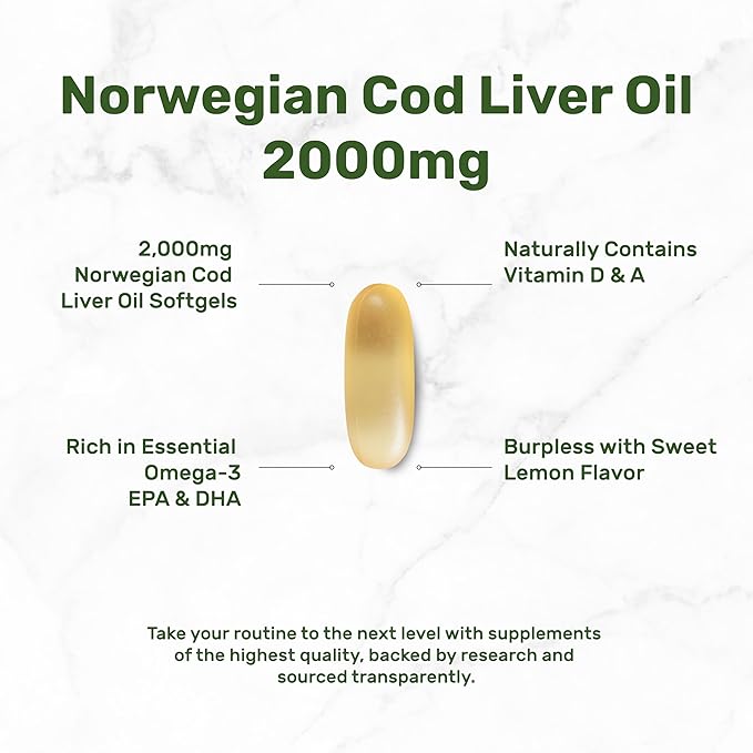 Wild Caught Cod Liver Oil 2000mg Per Serving 240 Softgels – Extra Strength EPA DHA Omega 3 with Vitamin D &amp A – Burpless Lemon Flavored – Vision Heart Brain &amp Immune Support