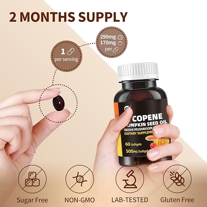 Pumpkin Seed Oil Capsule Lycopene Supplement Cold Pressed Pumpkin Seed 3 in 1 Hair Growth Supplement with Reishi Mushroom Spore Oil for Urinary and Prostate Health 60 Softgels