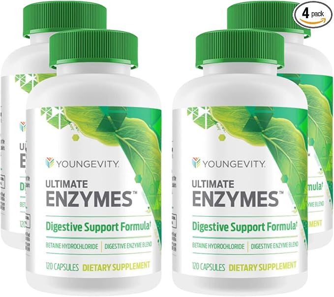 Youngevity Ultimate Enzymes® - Multi Enzymes for Digestion Gas &amp Bloating Relief - Betaine HCl Ox Bile Pancreatine 10X Papain 6M Pepsin 1:3000 (120 Capsules - 4 Pack)