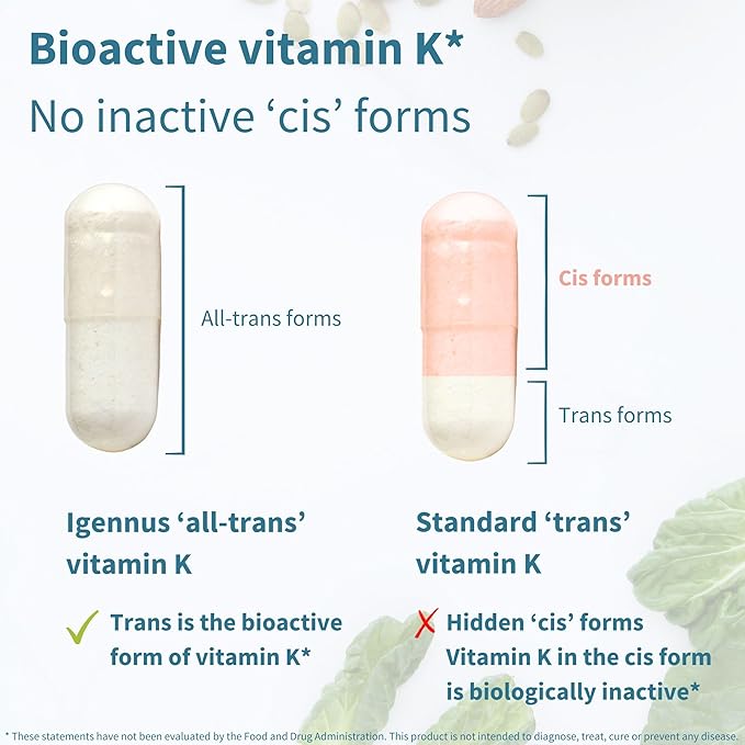 Igennus High Strength Triple Vitamin K Complex 2700 mcg K1 &amp K2 (MK-4 &amp MK-7) 1-a-Day Clean Label Advanced Bioactive Forms Bone &amp Cardiovascular Support Vegan 90 Fast Action Capsule
