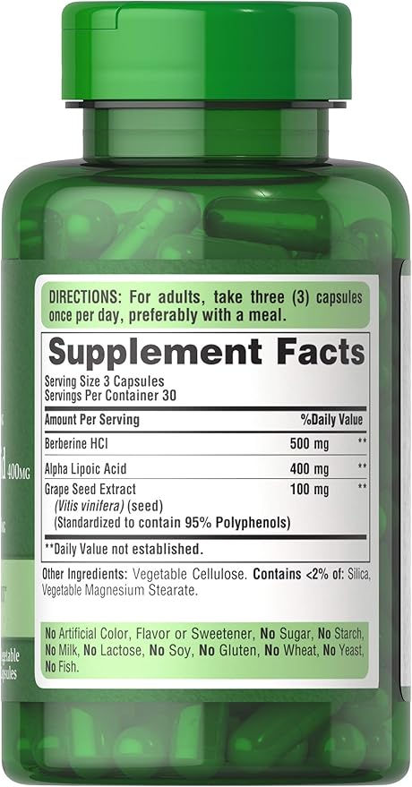 Puritan's Pride Berberine Alpha Lipoic Acid &amp Grape Seed Promotes Antioxidant Support 90 Vegetable Capsules