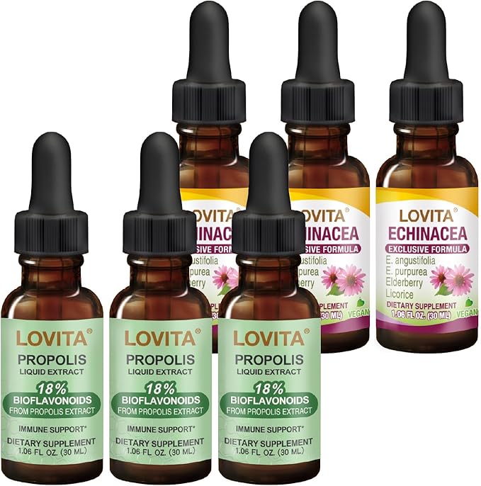 LOVITA Family Wellness Bundle - 3 Propolis &amp 3 Echinacea Liquid Drops Concentrated Herb Tincture Maximum Strength Immune Kit (6 Pc)