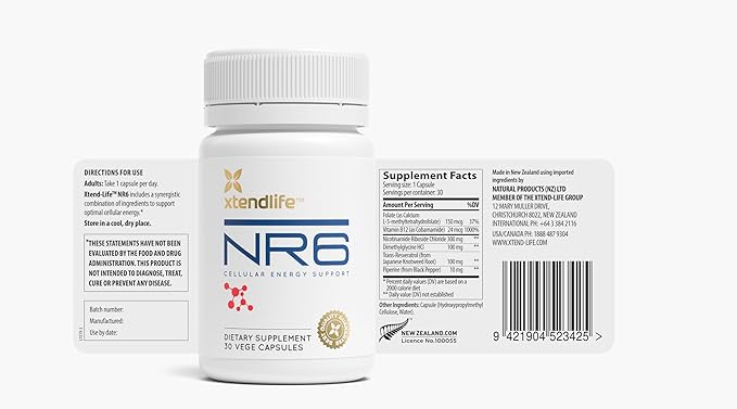 Xtendlife NR6 NAD+ Supplement for Anti-Aging Cell Regeneration Focus and Energy - with Resveratrol and Nicotinamide Riboside - 30 Day Supply