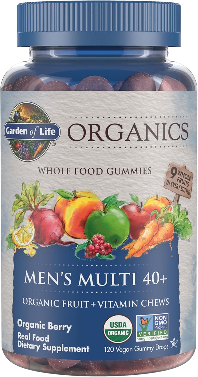 Garden of Life Organics Men 40+ Gummy Vitamins - Berry - Certified Organic Non-GMO Vegan Kosher Complete Multi - Methyl B12 C &amp D3 - Gluten Soy &amp Dairy Free 120 Real Fruit Gummies