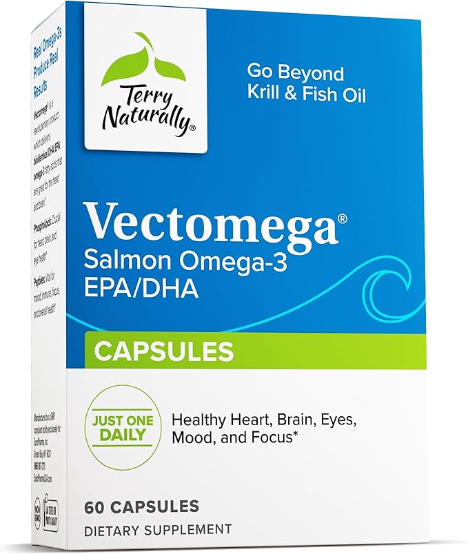 Terry Naturally Vectomega - Dietary Supplement with EPA &amp DHA - Omega-3 Capsules for Brain &amp Heart Health Support - Nutritional Supplement with Essential Fatty Acids &amp Peptides - 60