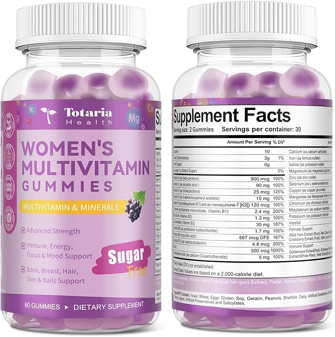 Totaria (2 Pcs) Sugar Free Multivitamin Gummies for Women 14+ w/Inositol Iron Folate Biotin Womens Daily Multivitamin Gummy w/Vitamin A D C B Support Hair Skin Energy Immune Grape Flavor