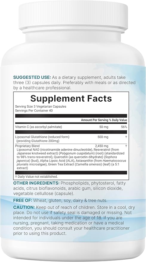 Micro Ingredients Liposomal Reduced Glutathione Complex 3000mg - 8‑in‑1 Advanced Glutathione Supplement with NAD Resveratrol Quercetin Alpha Lipoic Acid &amp Vitamin C - 120 Vegetarian Caps