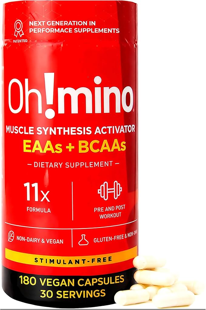 Oh!mino Essential Amino Acids Supplement Stimulant-Free Capsules All 9 EAAs BCAAs The Perfect Amino for Workouts Amino Energy and to Build Muscle and Recover Faster