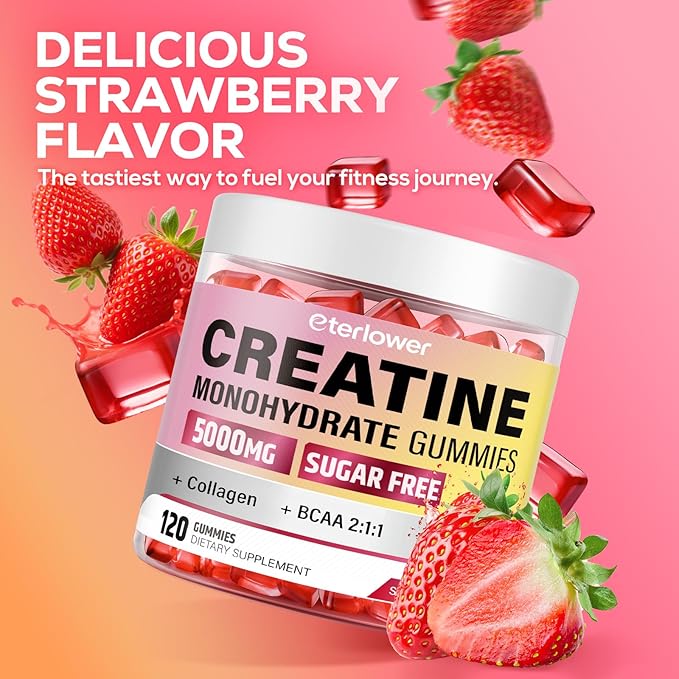 Creatine Monohydrate Gummies 5g Creatine Gummies for Women &amp Men.Pre-Workout &amp Muscle Growth Support Contains BCAA Collagen Sugar-Free 120 Count