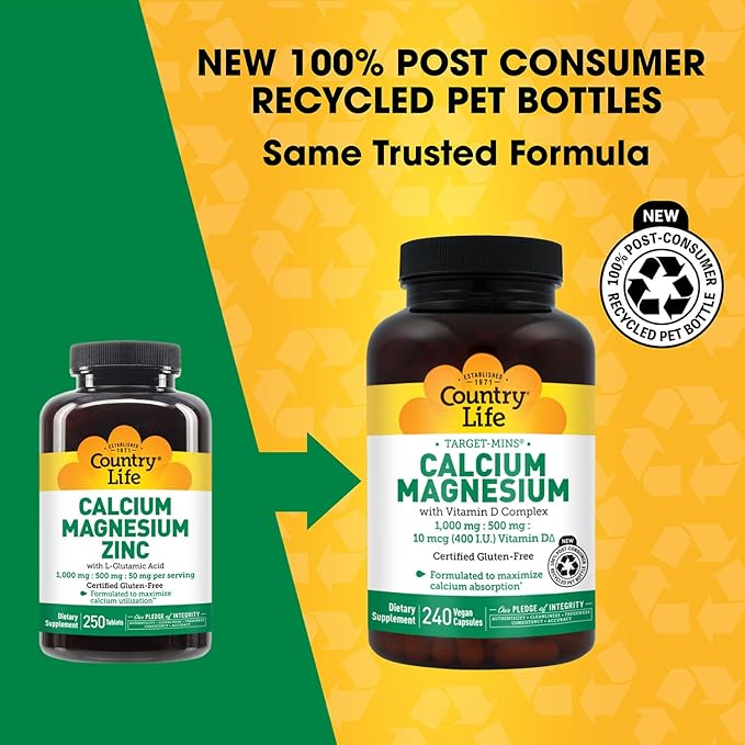 Country Life Calcium Magnesium Zinc with L-Glutamic Acid Dietary Supplement for Bone Support Certified Gluten Free  1000mg/500mg/50mg 250 Tablets