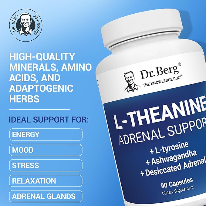 Dr. Berg L-Theanine 200mg - Includes Zinc Copper L-Tyrosine &amp Ashwagandha – L-Theanine Supplement Adrenal Support - for Relaxation Stress Relief and Mental Clarity* – 90 Gelatin Capsules