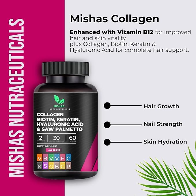 Multi Collagen Hair Pills - Biotin 10000mcg Keratin &amp Hyaluronic Acid - Hair Growth - Hair Skin &amp Nails Vitamins &amp DHT Blocker - Vitamin E Folic Acid Pumpkin Seed MSM Saw Palmetto 60 Ve