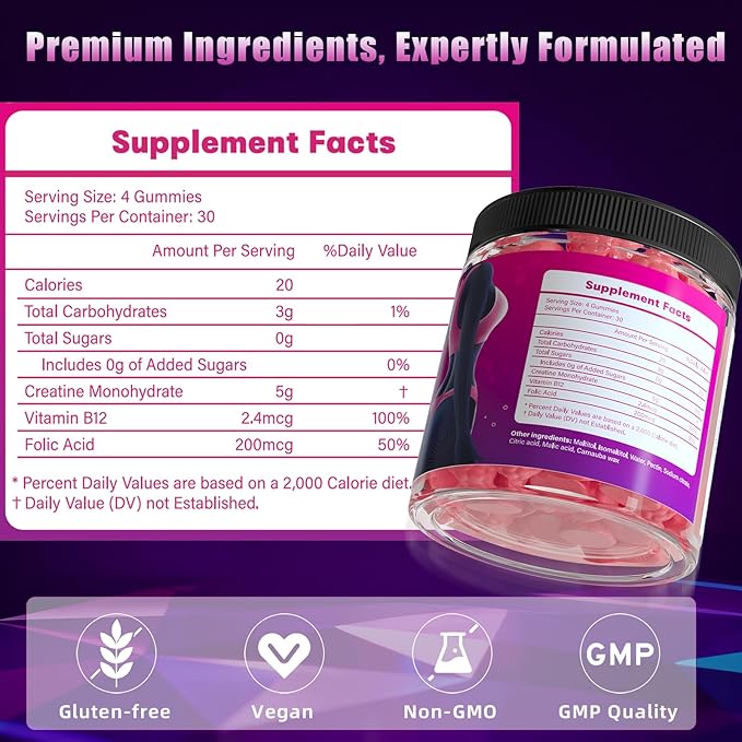 Creatine Gummies 5000mg Monohydrate Creatine with Folic Acid &amp Vitamin B12 Vegan Strawberry Flavor Helps Shape Booty &amp Tone Glutes and Legs Boosts Energy and Endurance 120 Count