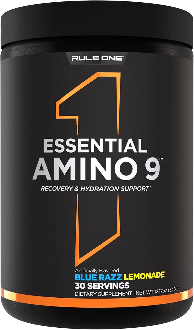 Rule 1 Proteins Essential Amino 9 – Recovery &amp Hydration Support with 7.5g of Essential Amino Acids + Electrolytes (30 Servings Blue Razz Lemonade)