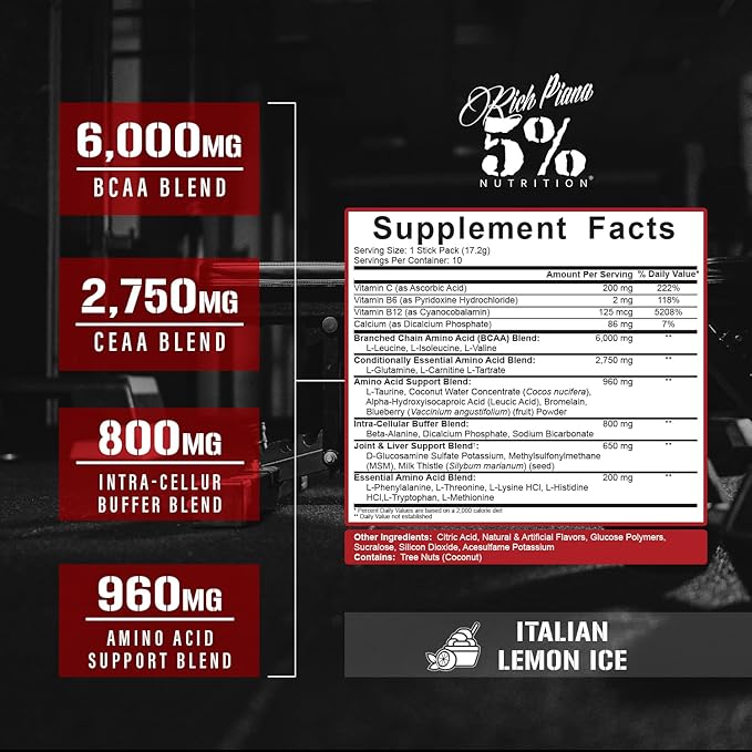 5% Nutrition Rich Piana AllDayYouMay BCAA Powder Stick Packs | Hydration Powder Packets | Electrolyte Drink Mix | Muscle Endurance &amp Recovery | Vegan &amp Keto | (Italian Lemon Ice) (10 Count)