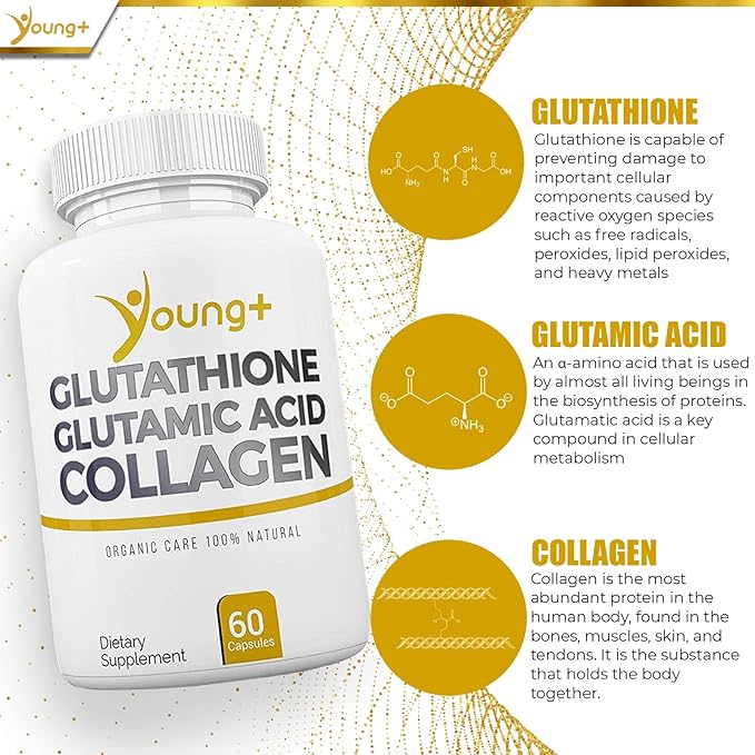 Young+ Glutathione Glutamic Acid and Collagen. Antioxidant Supplement - 1000mg 60 Capsules