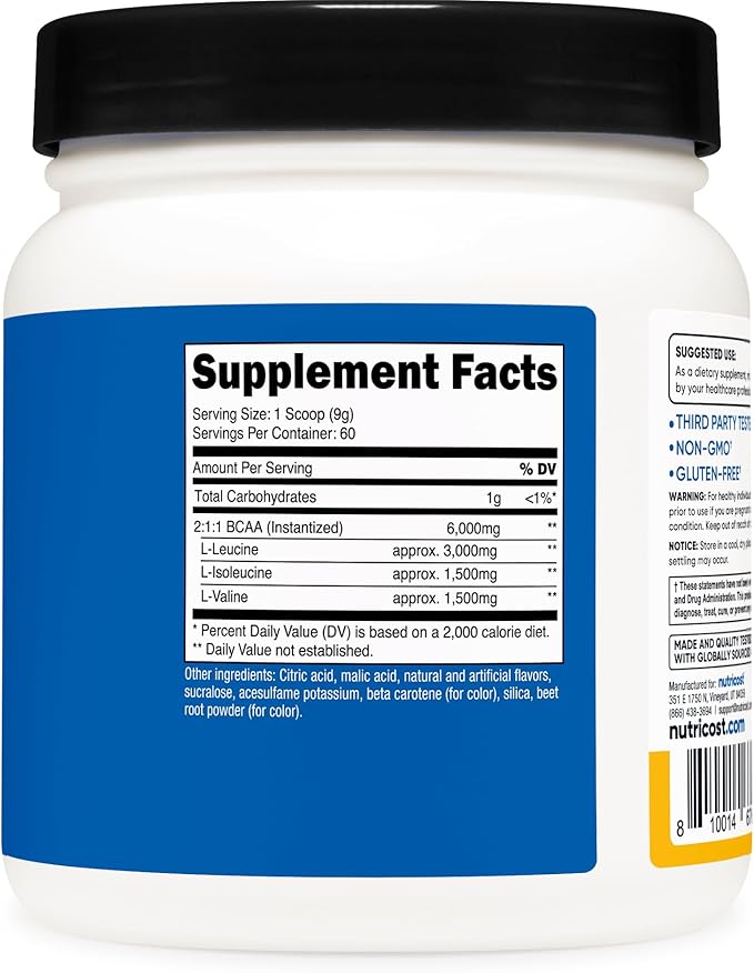 Nutricost BCAA Powder (Orange Mango 60 Servings) - 2:1:1 Optimal Ratio Gluten Free Non-GMO Vegetarian