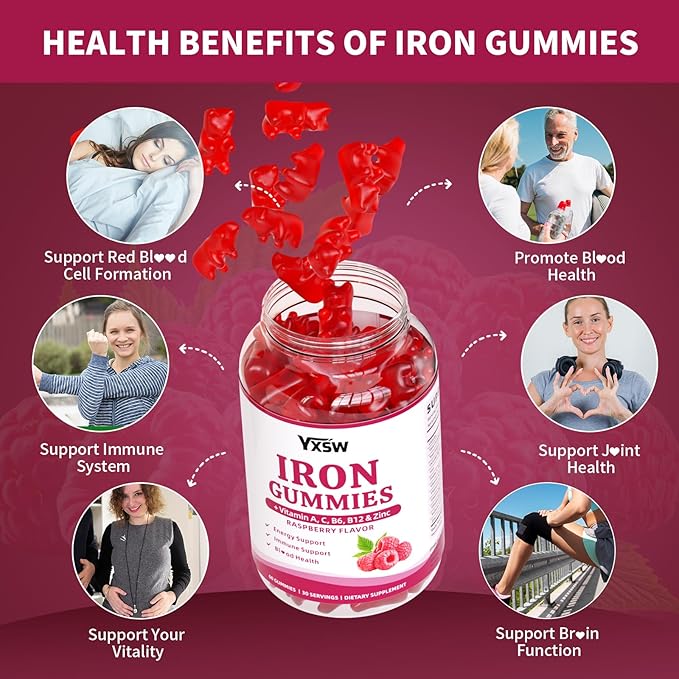 Iron Gummies for Women &amp Men Vegan Iron Supplement Gummies with Vitamin C A B-Complex Folate Zinc- for Immune Health &amp Energy Support Raspberry Flavor 120 Count