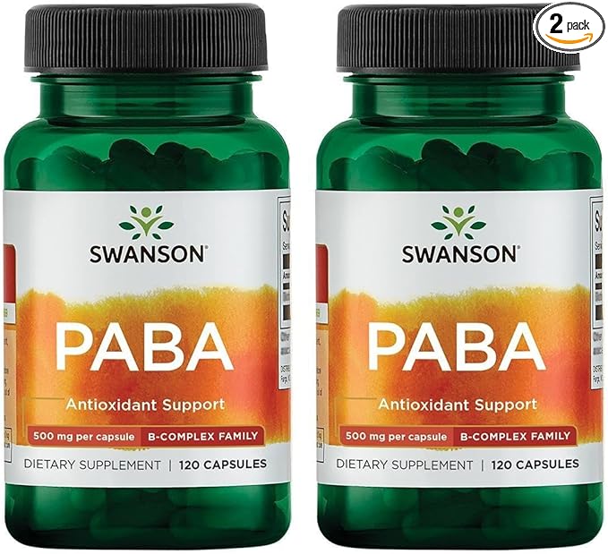 Swanson PABA - Powerful B Complex Supporting Red Blood Cell Formation - Folic Acid Component Aiding Supply Oxygen to Cells and Skin Health Support - (120 Capsules 500mg Each) (2 Pack)