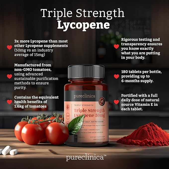 pureclinica Lycopene Supplement 50mg – High Strength Tomato Extract Antioxidant – 360 Tablets (1 Year Supply) – Prostate Health Heart Eye &amp Skin Support – GMO Free