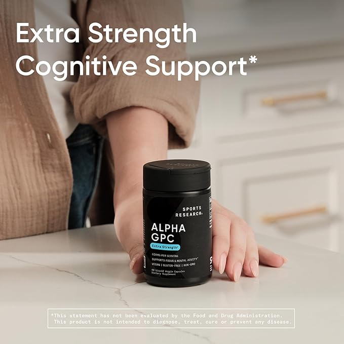 Sports Research® Alpha GPC 630mg (Extra Strength) - Bioavailable Source of Choline - Focus &amp Cognitive Support for Women &amp Men - Vegan Certified · Non-GMO · Gluten Free - 60 Liquid Capsules