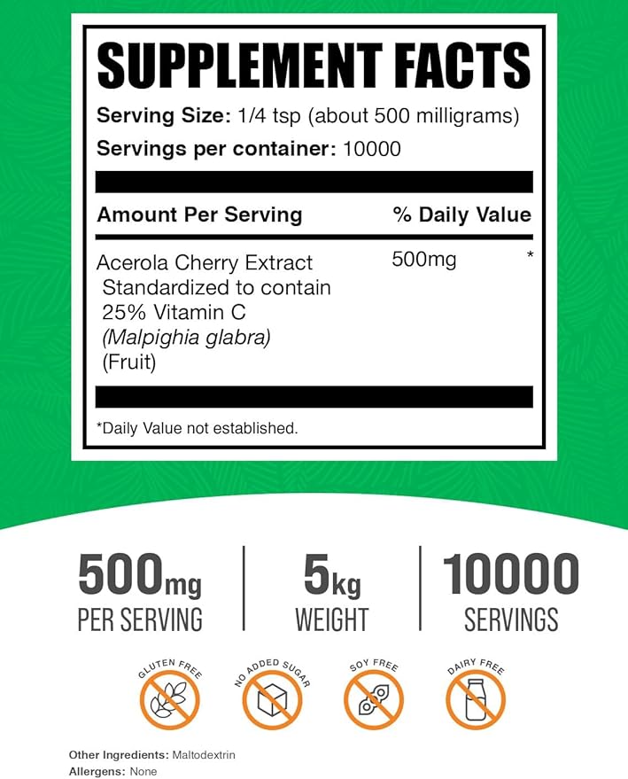 BulkSupplements.com Acerola Cherry Extract Powder - Natural Vitamin C Supplement Acerola Cherry Powder - Vegan &amp Gluten Free 500mg per Serving 1kg (2.2 lbs) (Pack of 5)