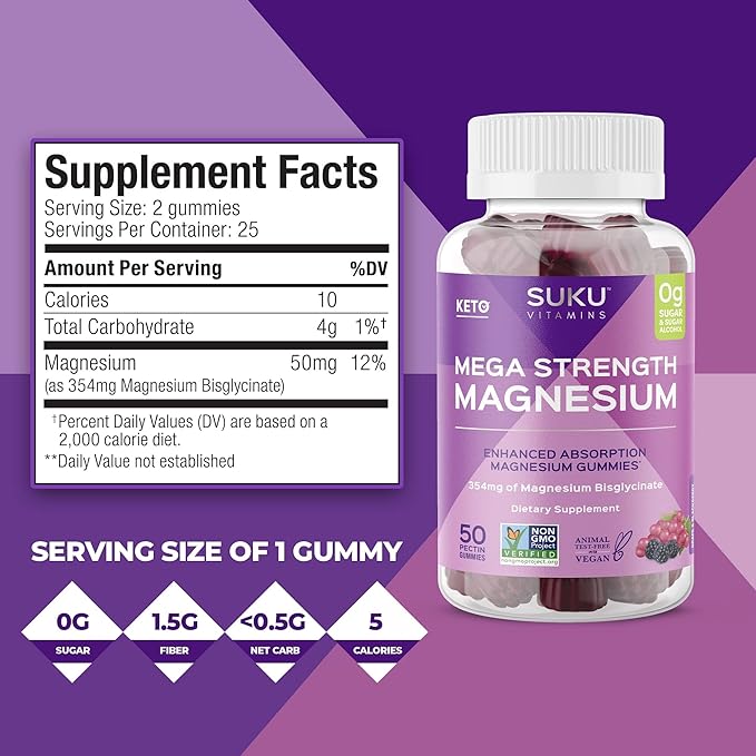 SUKU Vitamins - Mega Strength Magnesium - 177 mg of Magnesium Bisglycinate Gummies for Muscle Function - Easy to Chew - Non GMO Gluten Sugar Free - Grape BlackBerry Flavored Gummy Vitamins (50 Count)