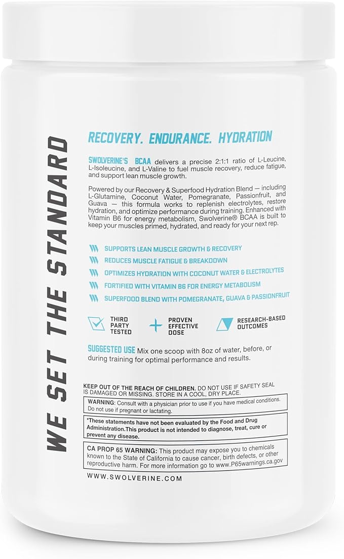 Swolverine BCAA Powder 2:1:1 with L-Glutamine &amp Electrolytes - Stimulant-Free Amino Acid Supplement for Muscle Recovery Hydration &amp Endurance Support 30 Servings Lemon Lime