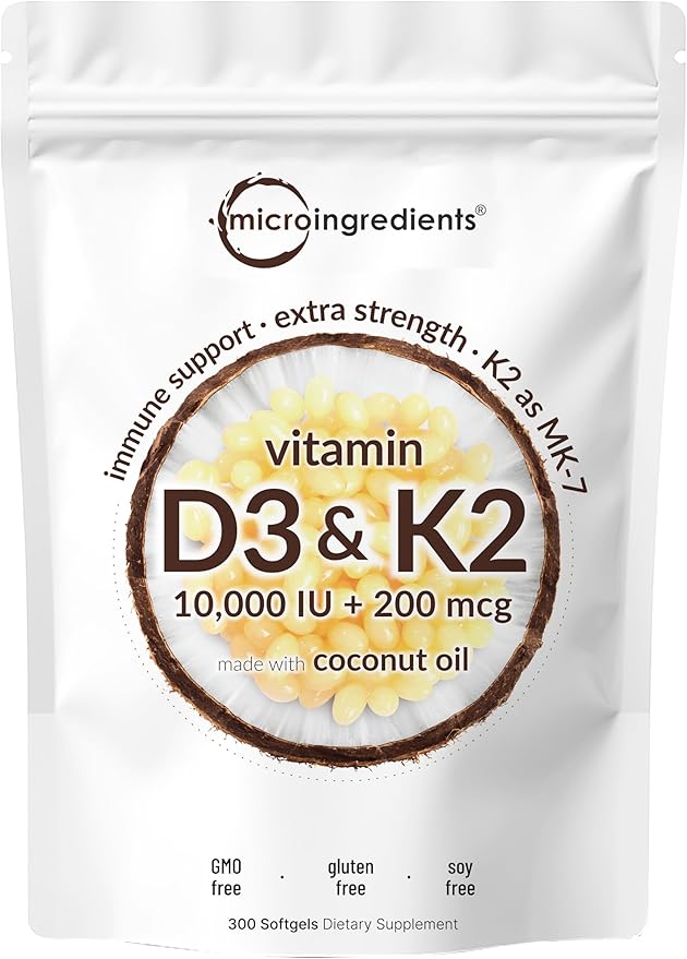 Micro Ingredients Vitamin D3 10000iu + K2 200mcg &amp CoQ10 100mg Bundle 2 Pack | Essential Sunshine Vitamins | High Absorption Ubiquinone