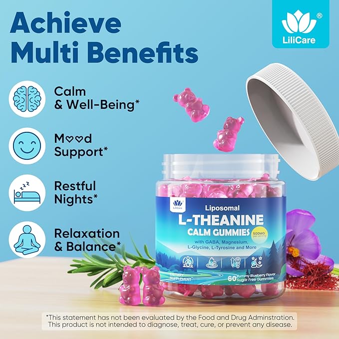 Liposomal L-Theanine Gummies 500mg Melatonin-Free Calm &amp Relaxation Gummies with Magnesium Glycinate 5-HTP Mushroom Vitamins D3 B12 Ashwagandha for Brain Calm Relax Mood Zzz Vegan 60 Ct