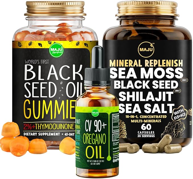 Maju Superfoods Black Seed Oil Gummies Oregano Oil and Mineral Replenish Capsules