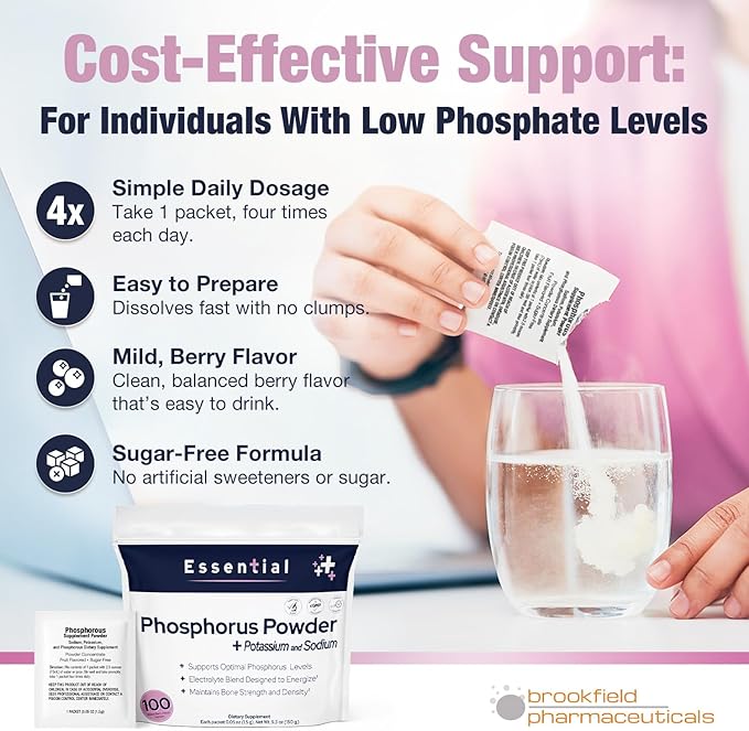 Phosphorus Supplements 100 Packets Dietary Supplements Powder with Sodium Phosphate and Potassium Phosphate Fruit Flavored Phosphorous Supplement Powder for Electrolyte Bone Health &amp Kidney Hea