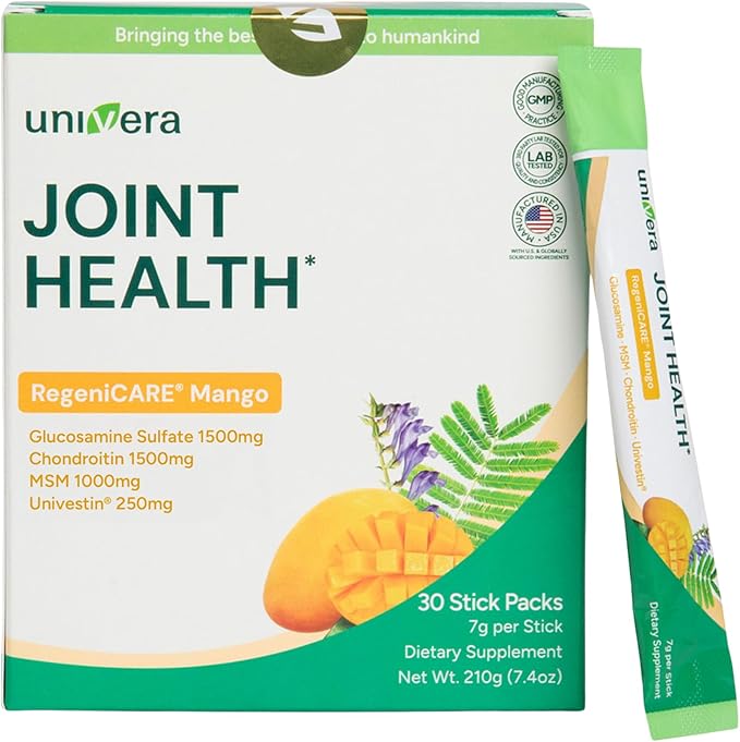 Glucosamine Chondroitin MSM and Univestin All-in-one Joint Support Easy to Carry Mango Flavor (30-Day Supply)