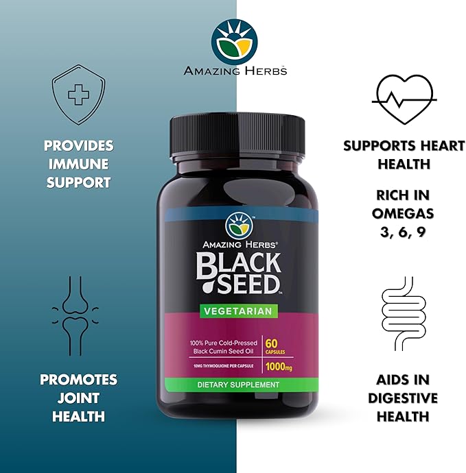 Amazing Herbs Black Seed Oil Capsules - Black Seed Oil Pills Black Cumin Seed Oil Capsules Cold Pressed Nigella Sativa Supplement Blackseed Oil Non GMO 100% Pure - 60 Vegetarian Capsules 1000 mg